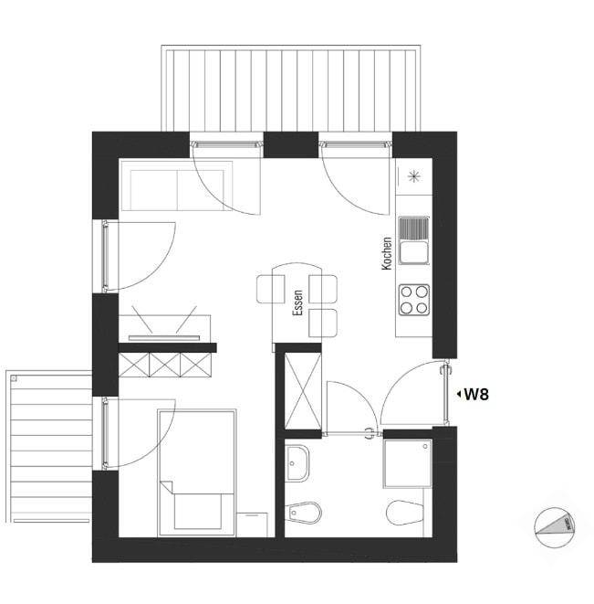 Klassischer Grundriss einer Wohnung mit offenem Wohnbereich, Schlafzimmer, Bad und zwei Balkonen.