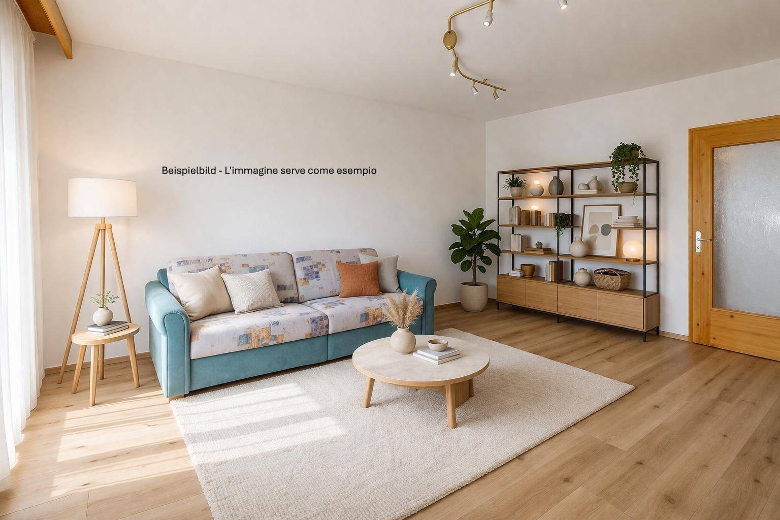 Gemütliches Wohnzimmer mit Sofa, Teppich, Bücherregal und hellem Holzfußboden.