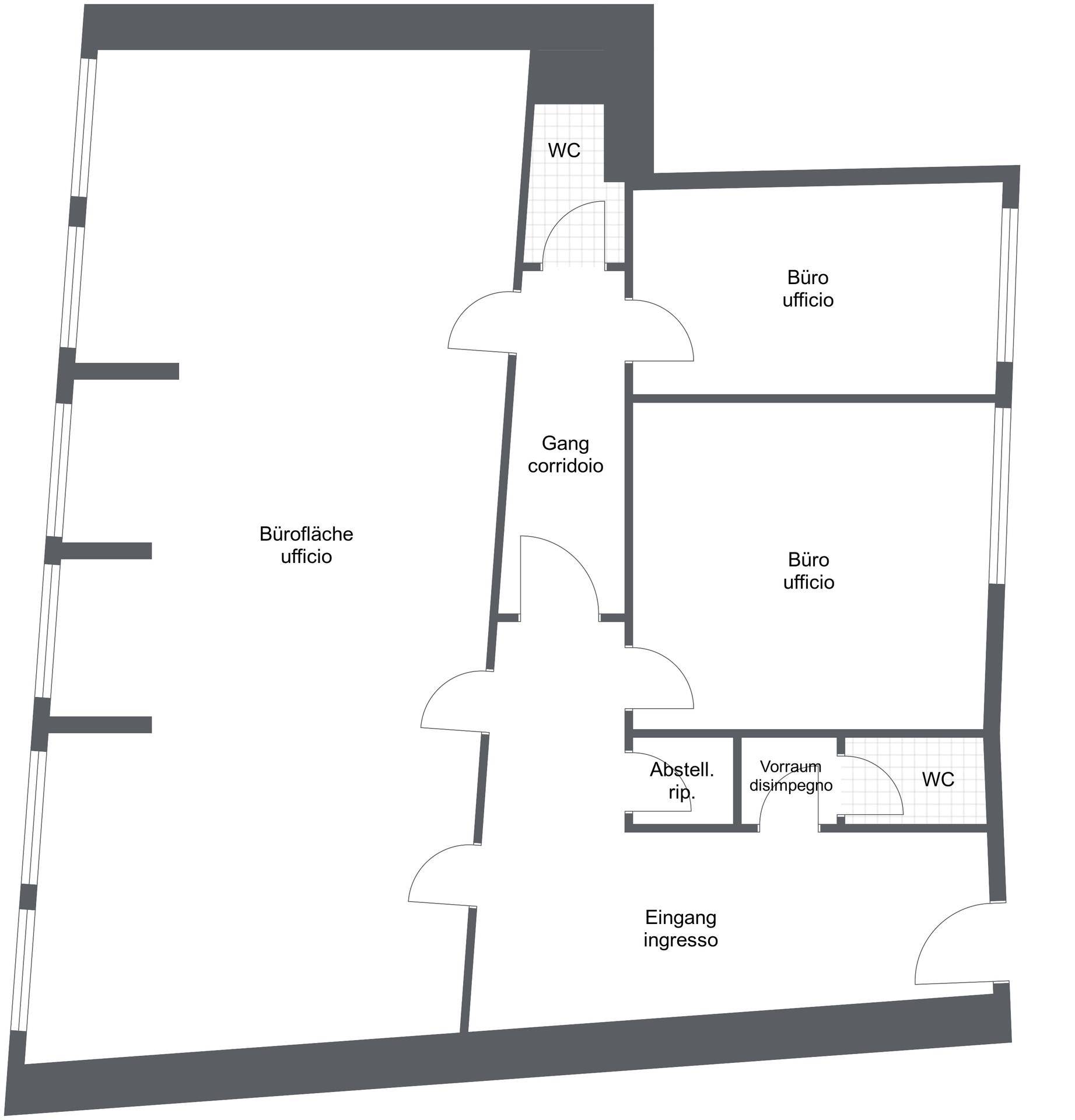 Grundrissplan einer Büroeinheit mit mehreren Räumen, Flur und zwei Toiletten.