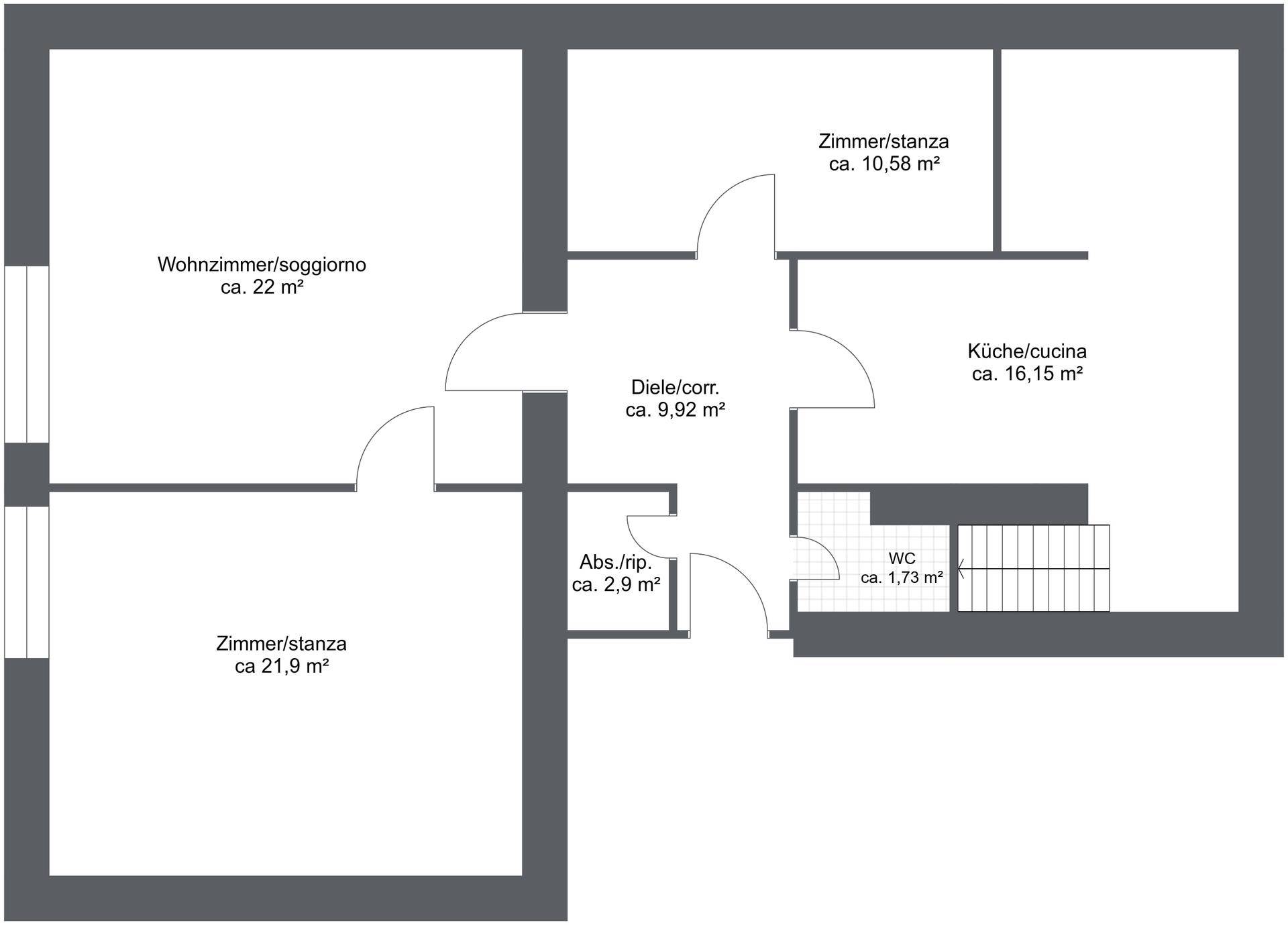 Grundrissplan einer Wohnung mit separater Küche, Wohnzimmer, zwei weiteren Zimmern und einem Gäste-WC.