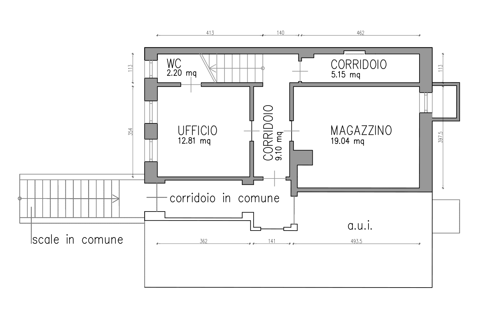 Grundriss mit Büro, Lagerraum, WC und gemeinsamen Fluren sowie einem externen Treppenhaus.