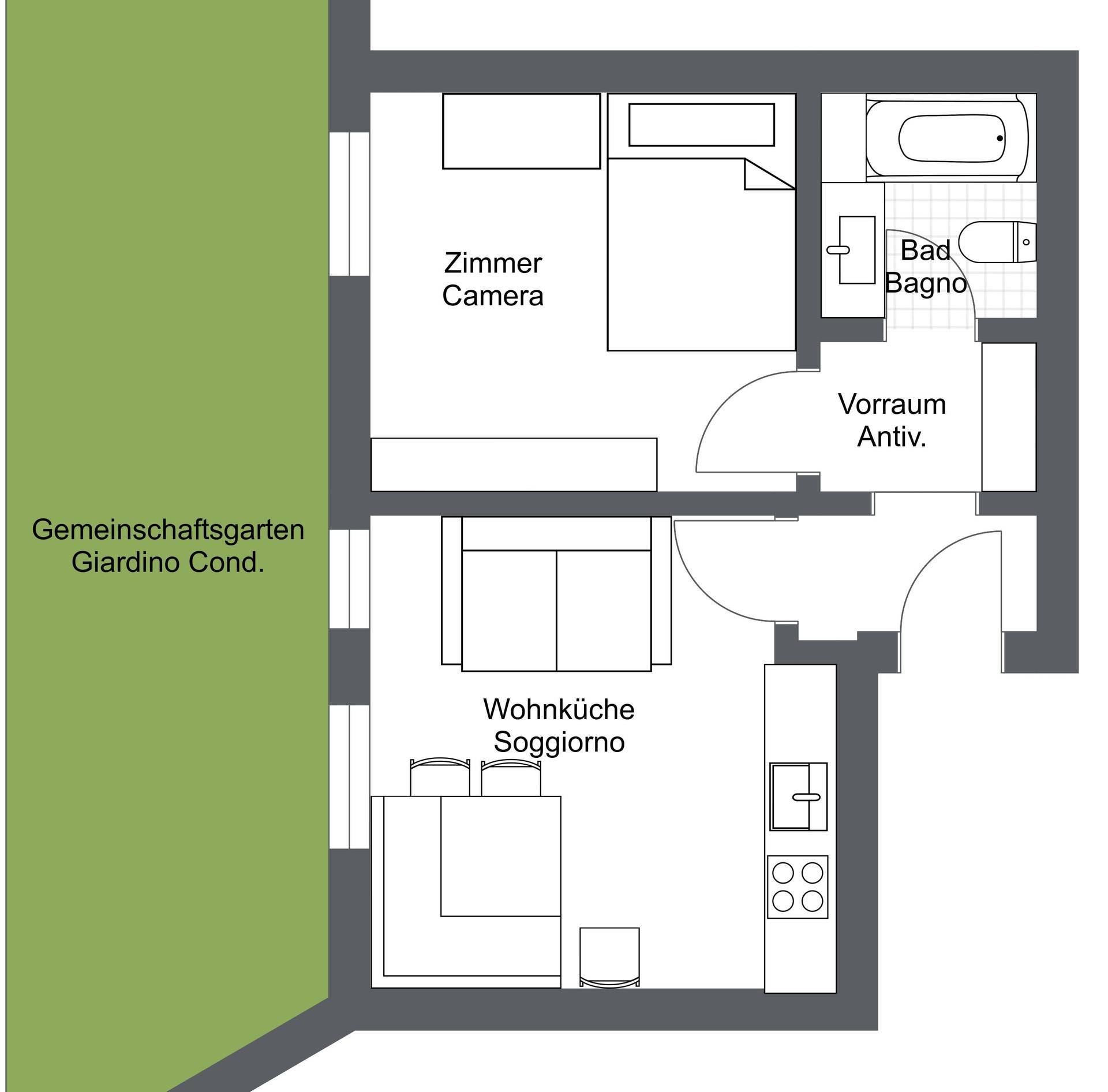 Grundriss einer Wohnung mit Schlafzimmer, Bad, Wohnküche und Zugang zum Gemeinschaftsgarten.