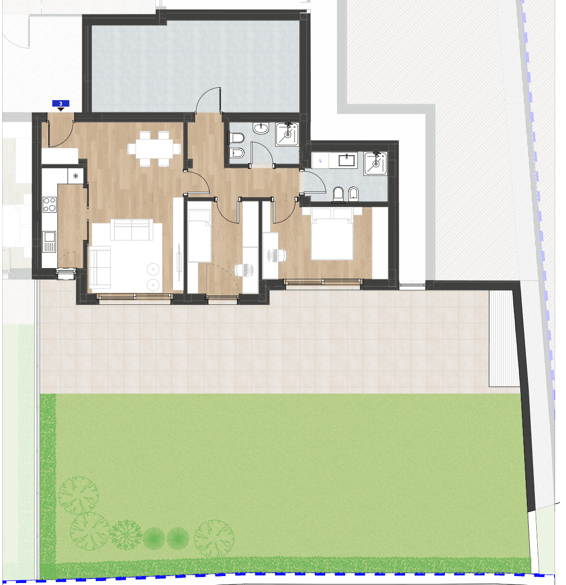 Grundriss einer Wohnung mit offenem Wohnbereich, Terrasse und Garten.
