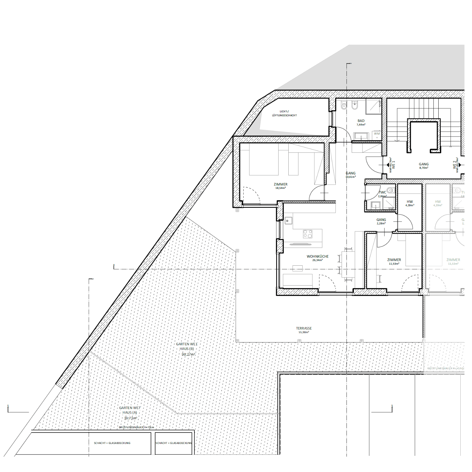 Grundriss einer Wohnung mit Wohnküche, Zimmern, Bad, Terrasse und Gartenbereich.