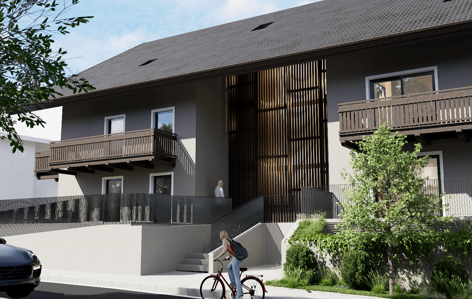 Visualisierung des Haupteingangs mit Holzlamellenfassade und Treppenaufgang.