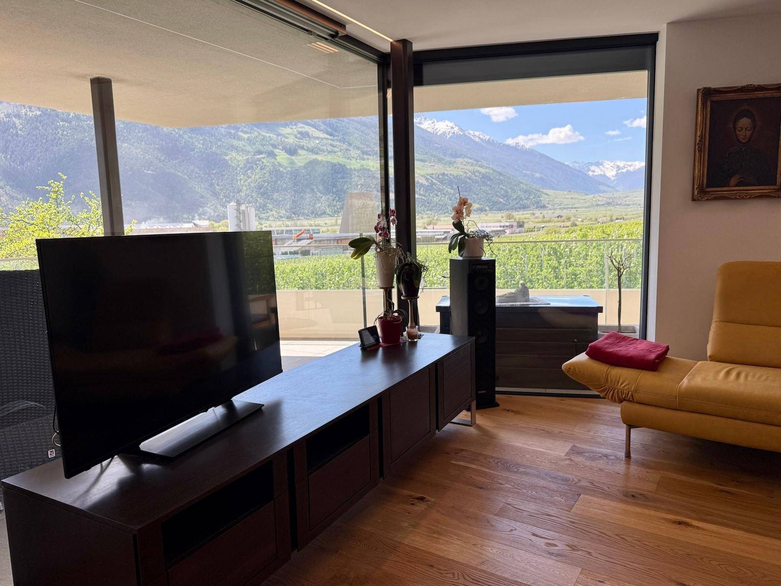 Wohnzimmer mit Fernseher und beeindruckendem Panoramablick auf schneebedeckte Berge und Weinberge.