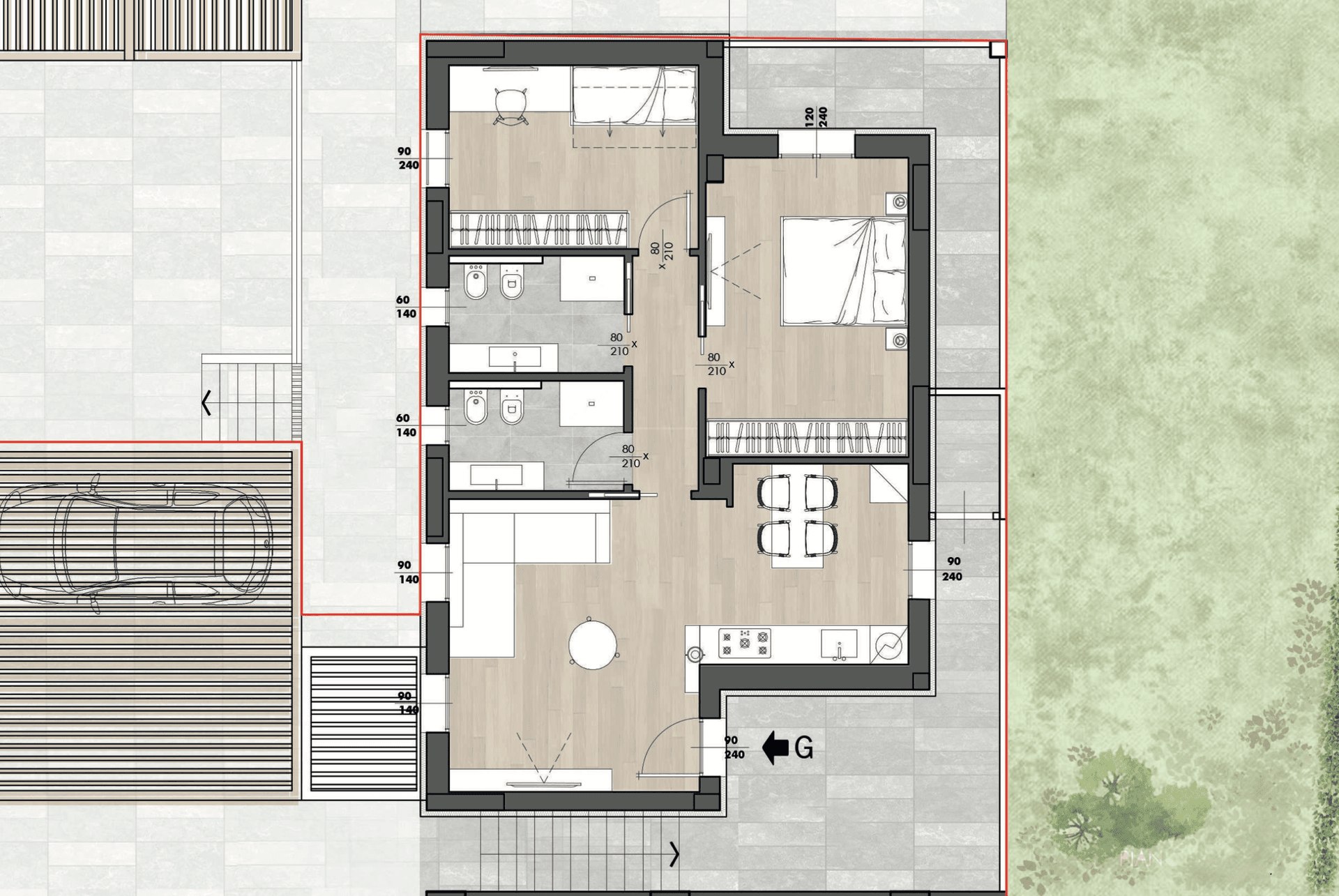 Grundriss des Erdgeschosses mit offenem Wohnbereich, Küche, Schlafzimmer und Zugang zum Garten.