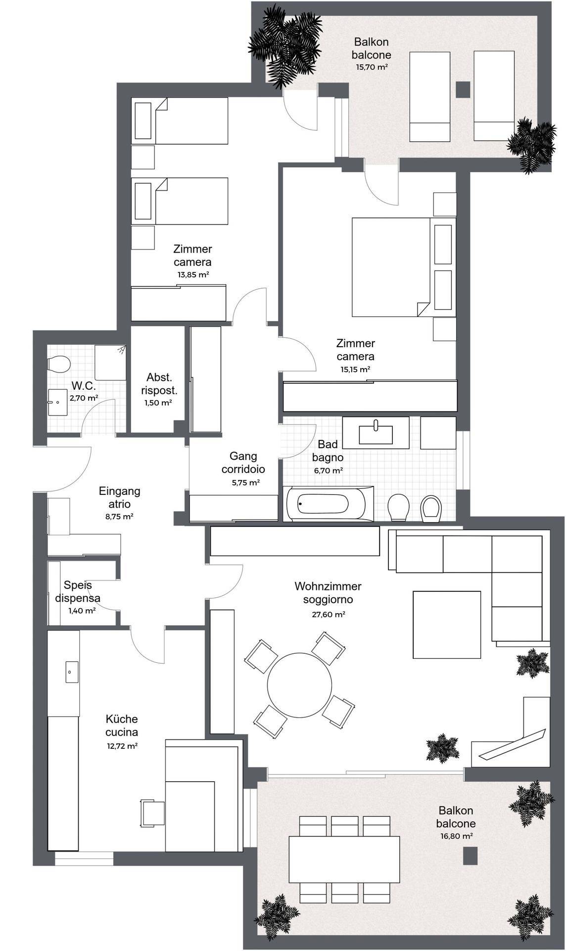 Grundriss der Wohnung mit drei Zimmern, Wohnzimmer, Küche, Bad und zwei Balkonen.