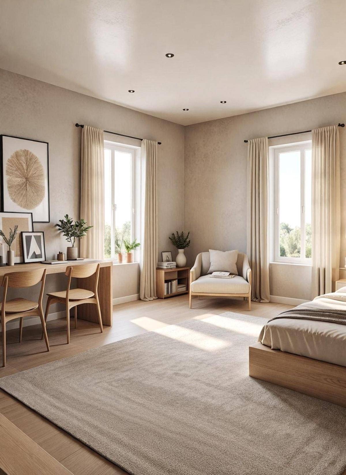 Geräumiges Schlafzimmer mit zwei Fenstern, Holzboden und einem integrierten Arbeitsbereich.