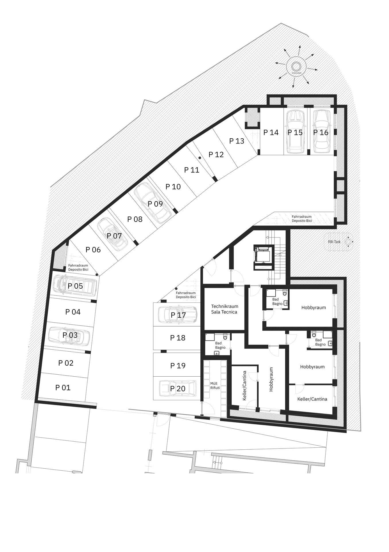 Grundriss des Untergeschosses mit Tiefgarage, Hobbyräumen und Kellerräumen.