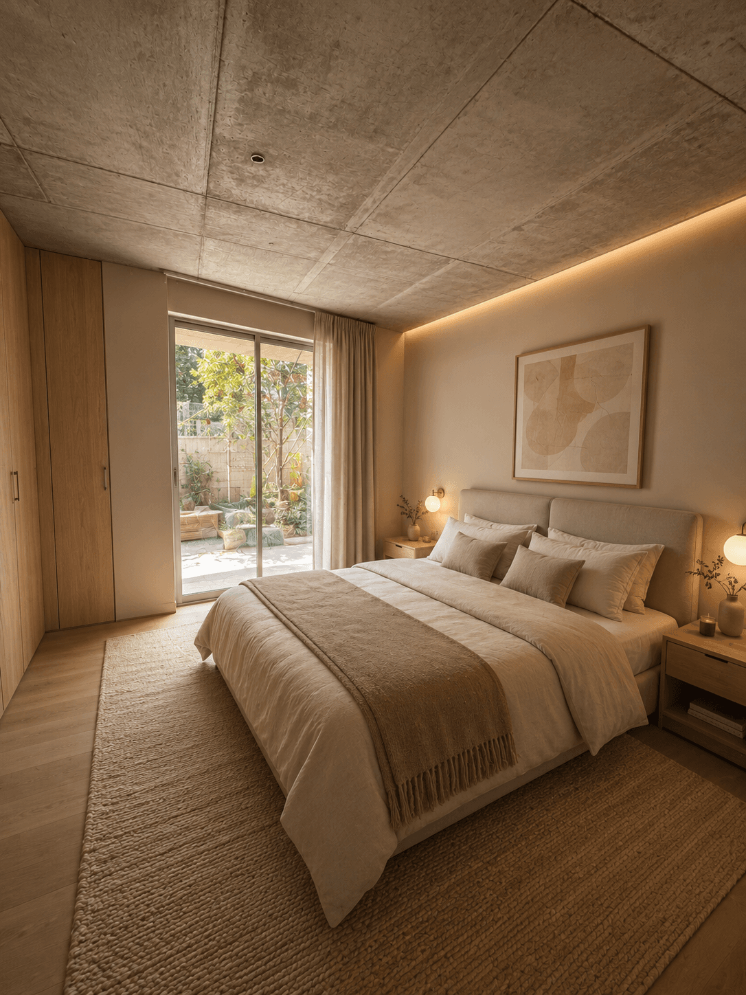 Gemütliches Schlafzimmer mit Einbauschränken, Doppelbett und Zugang zu einem privaten Außenbereich.
