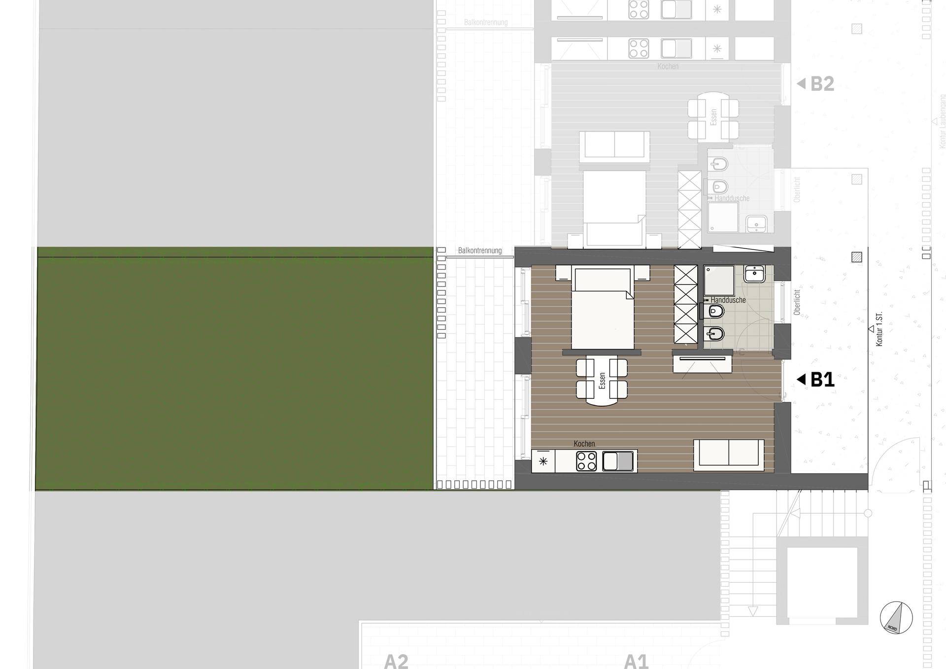 Grundriss einer Wohnung mit Schlafzimmer, Wohnküche, Bad und angrenzendem Gartenbereich.