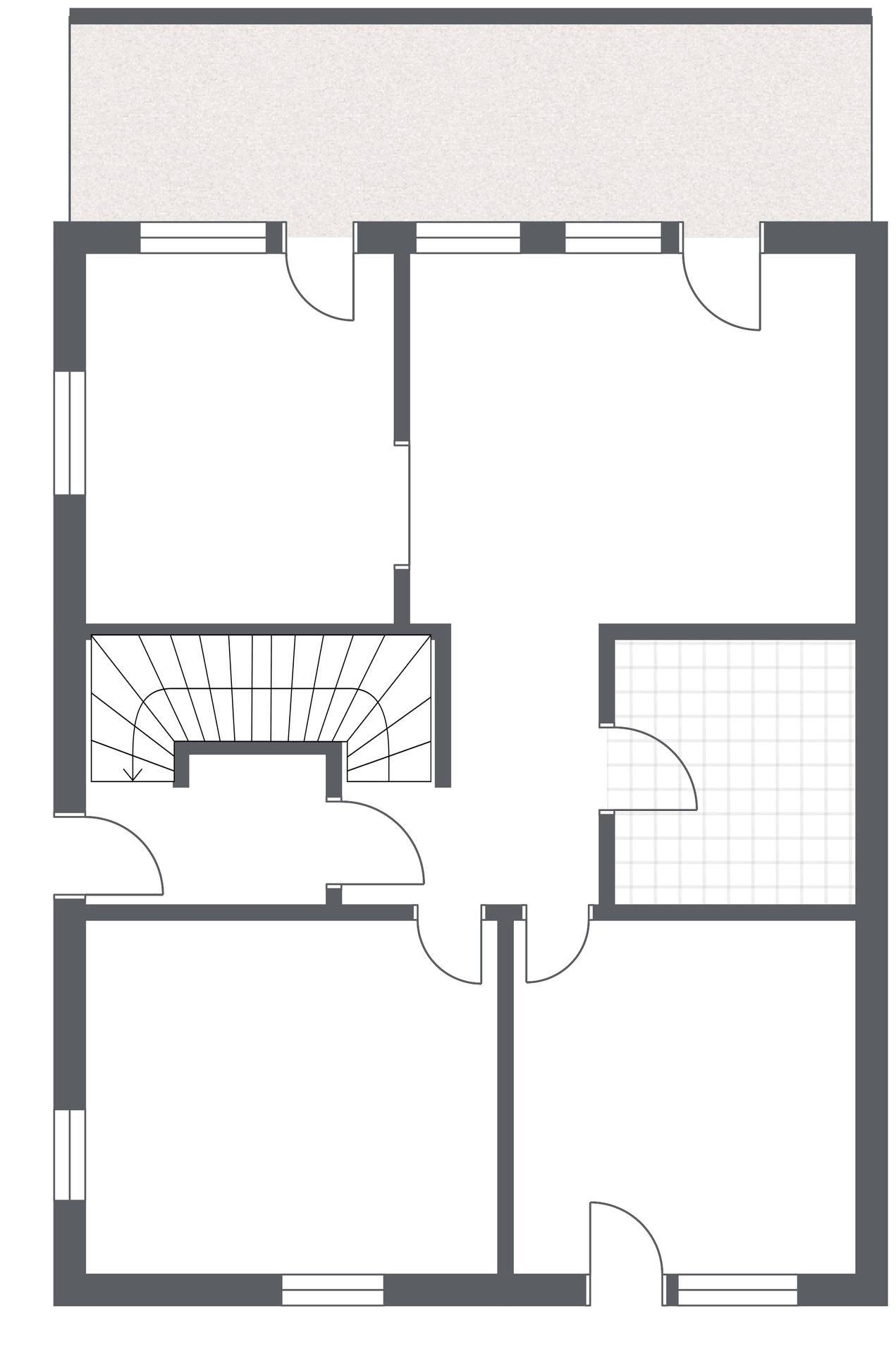 Grundrissplan einer Etage mit Treppenaufgang und mehreren Räumen.