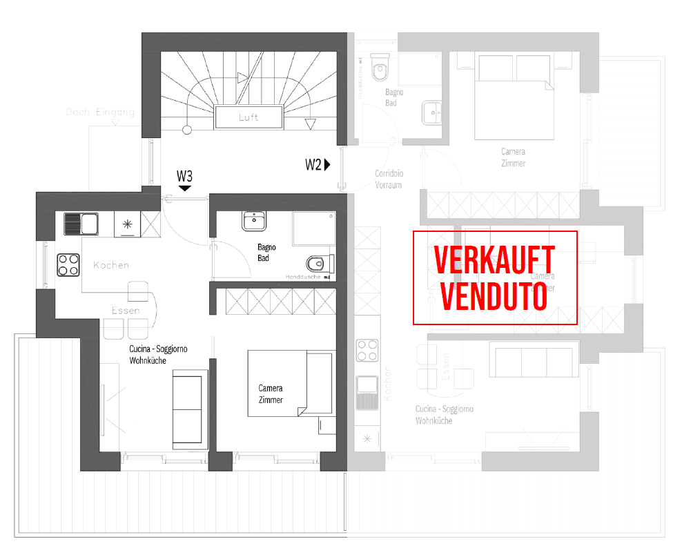 Grundriss einer Wohneinheit mit offener Wohnküche und Bad, wobei eine Einheit verkauft ist.