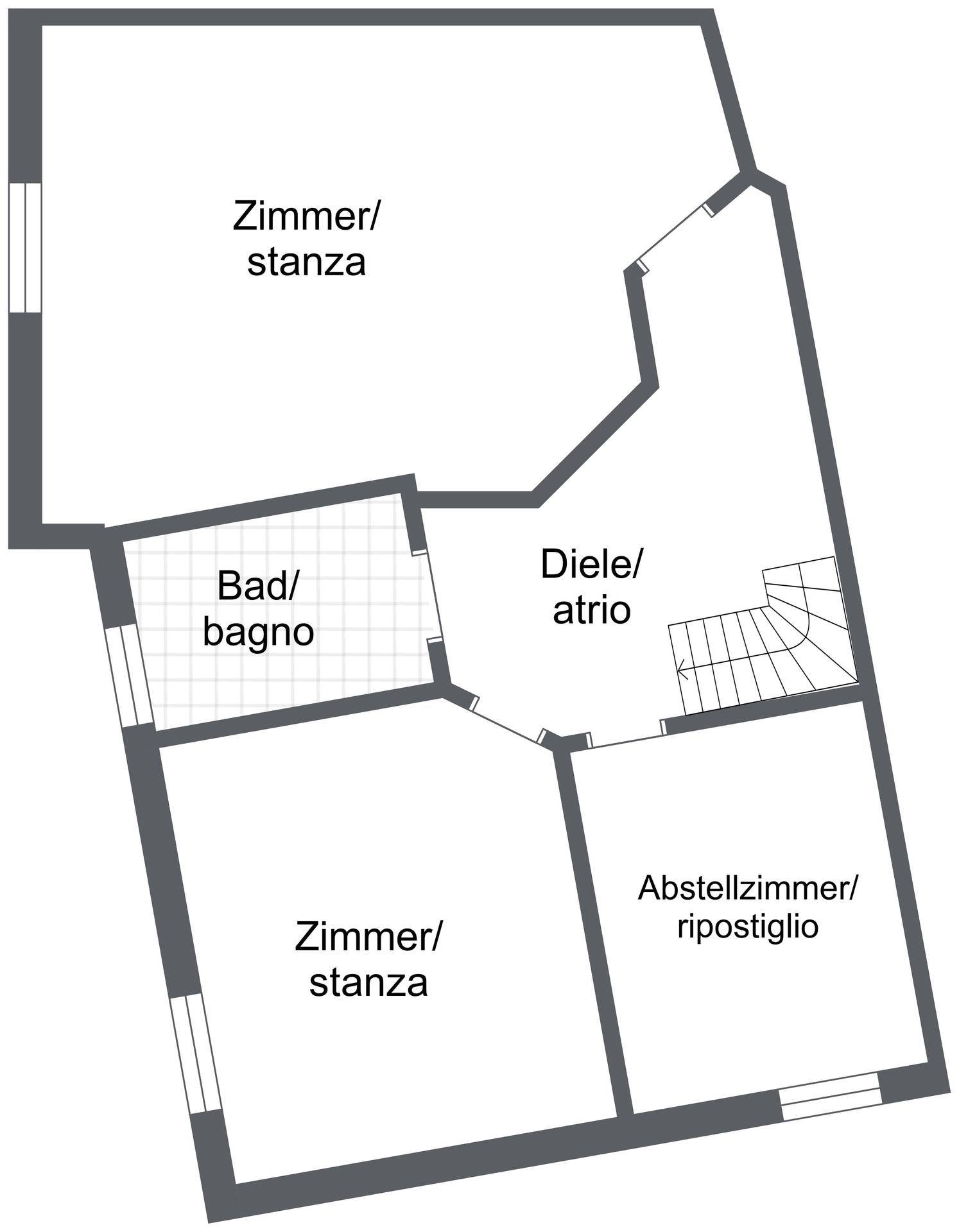 Grundriss des Obergeschosses mit zwei Zimmern, Bad, Diele und Abstellraum, inklusive Treppenaufgang.