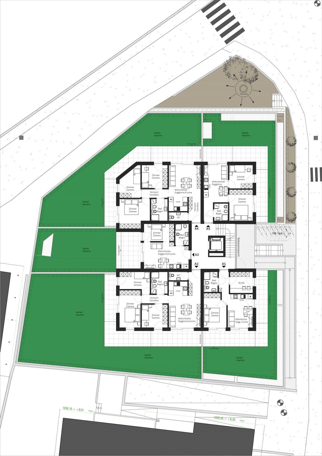 Gesamtgrundriss des Erdgeschosses mit mehreren Wohneinheiten, Gärten und Terrassen.