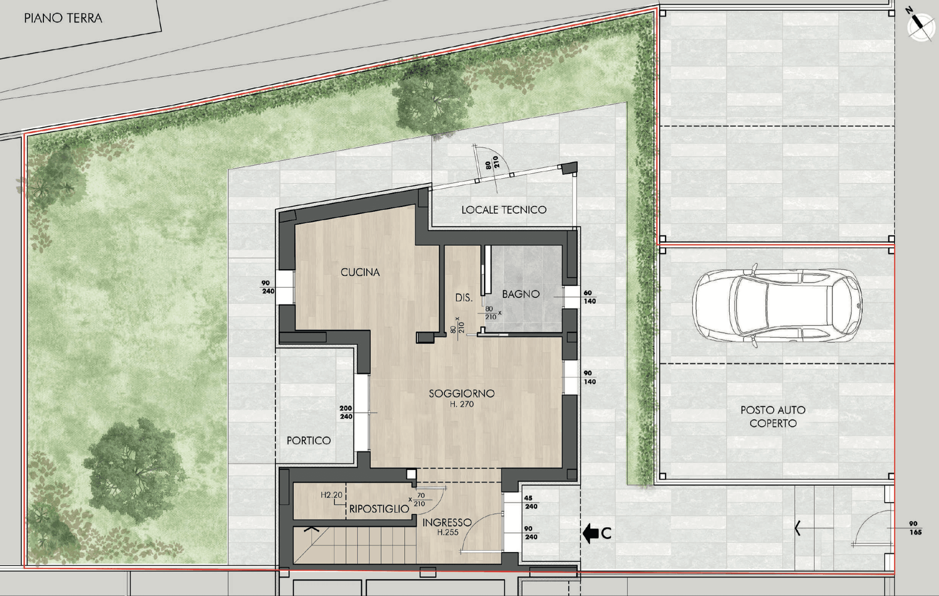 Grundriss des Erdgeschosses mit Küche, Wohnzimmer, Bad und Zugang zum Garten und Carport.