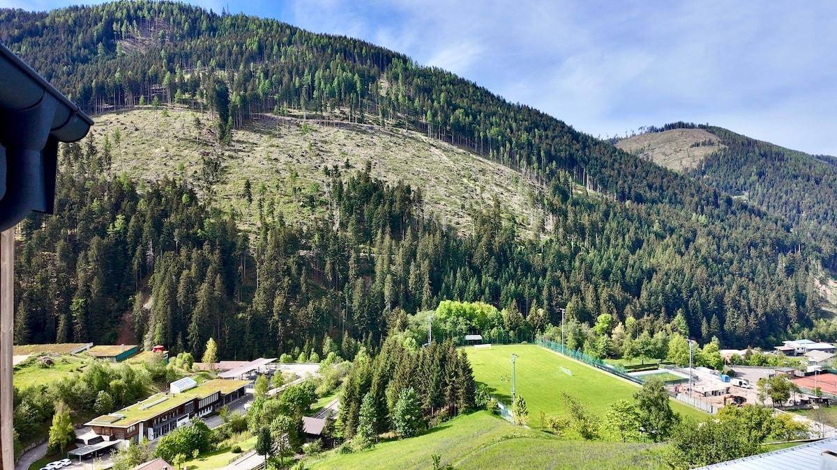 Panoramablick auf eine weite, bewaldete Berglandschaft mit einem Sportplatz im Tal.