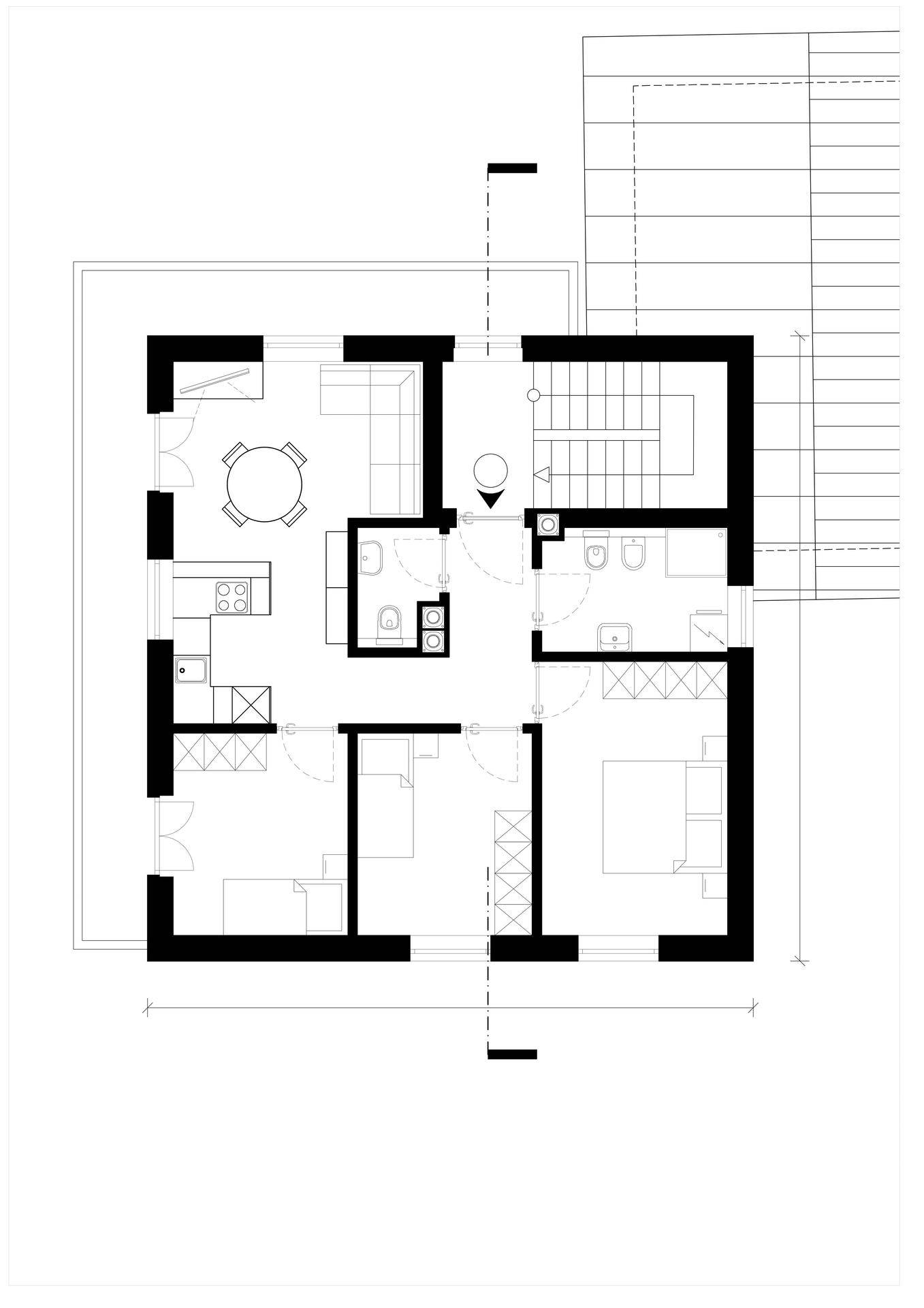 Grundrissplan des Erdgeschosses mit offenem Wohn-Essbereich, zwei Schlafzimmern und Zugang zur Terrasse.