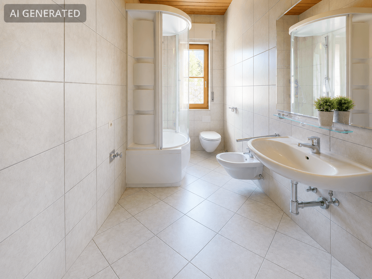 Helles Badezimmer mit Duschkabine, WC, Bidet und Holzdecke, gefliestem Boden und Wänden.