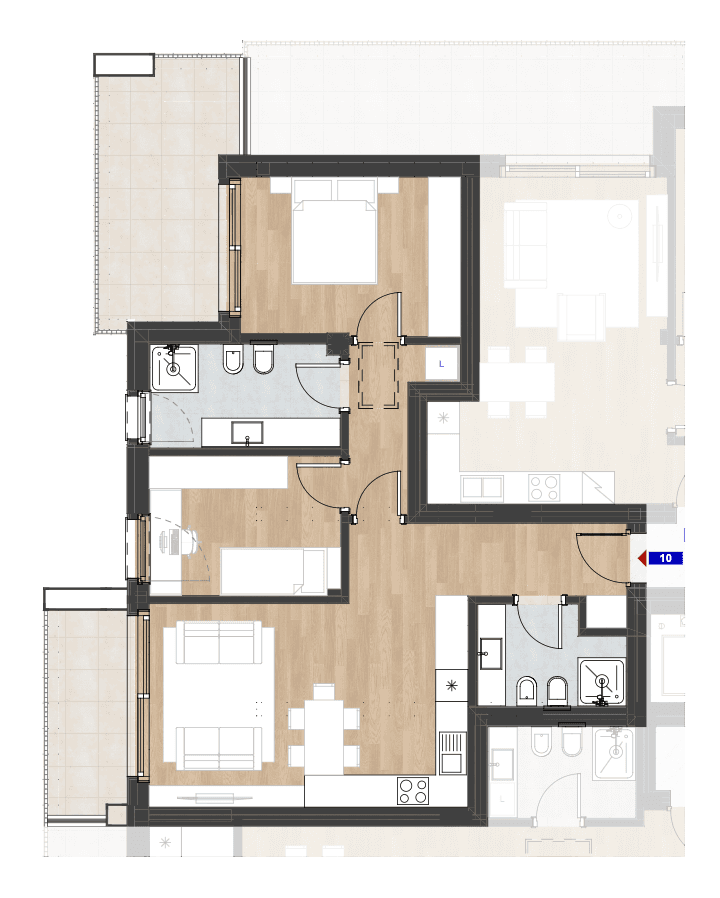Grundriss einer Wohnung mit zwei Schlafzimmern, zwei Bädern und offenem Wohnbereich.