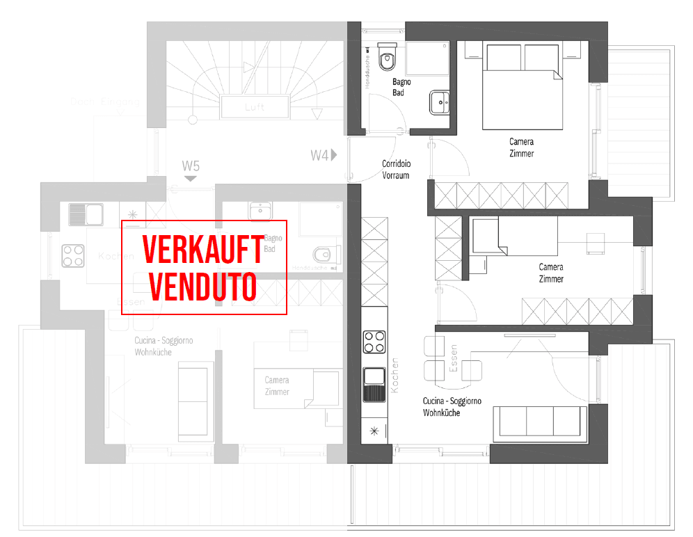 Grundrissplan einer Wohneinheit mit offener Küche und Schlafzimmern, teilweise verkauft.