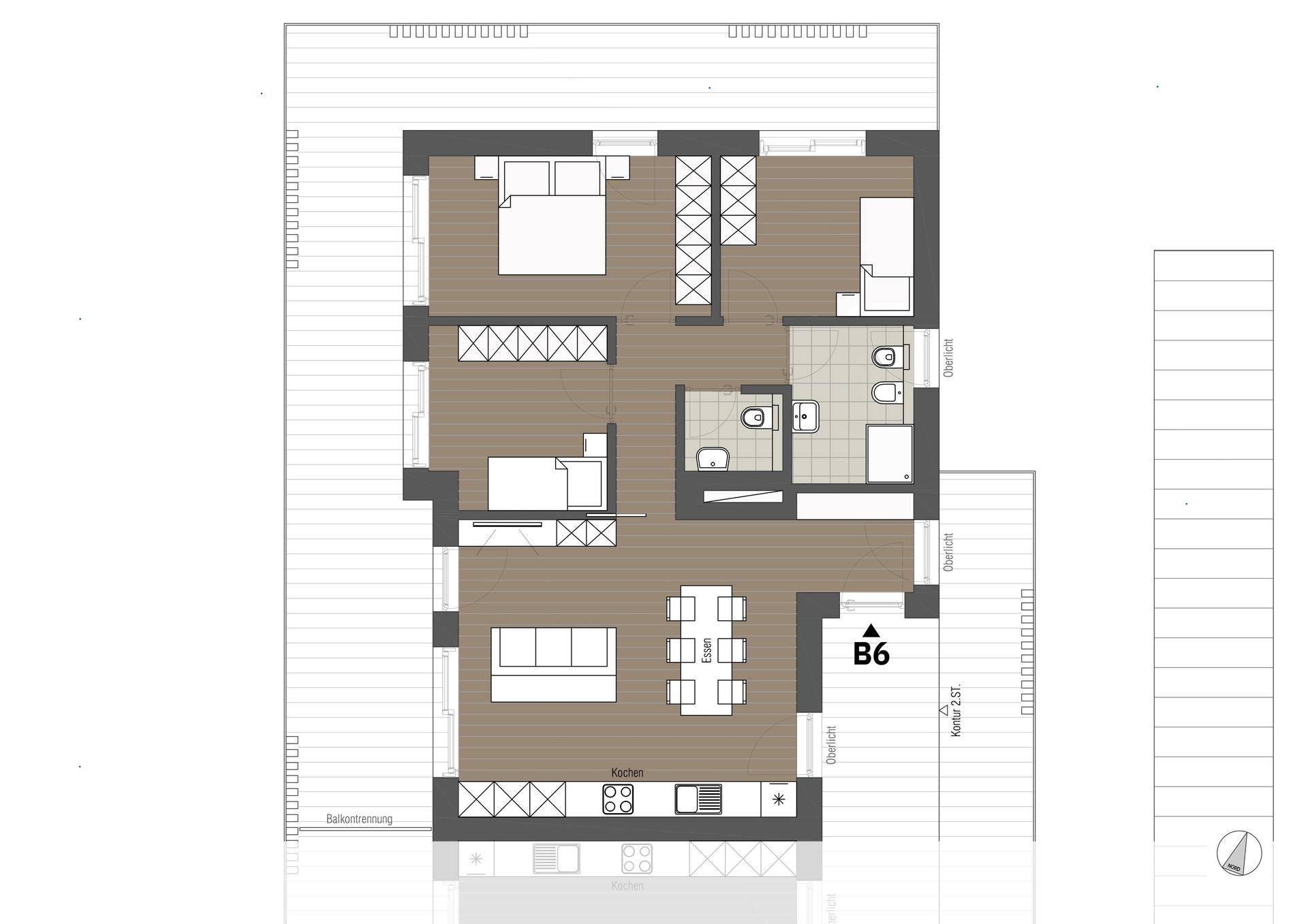 Grundrissplan einer Wohnung mit drei Schlafzimmern, zwei Bädern und großzügigen Außenbereichen.