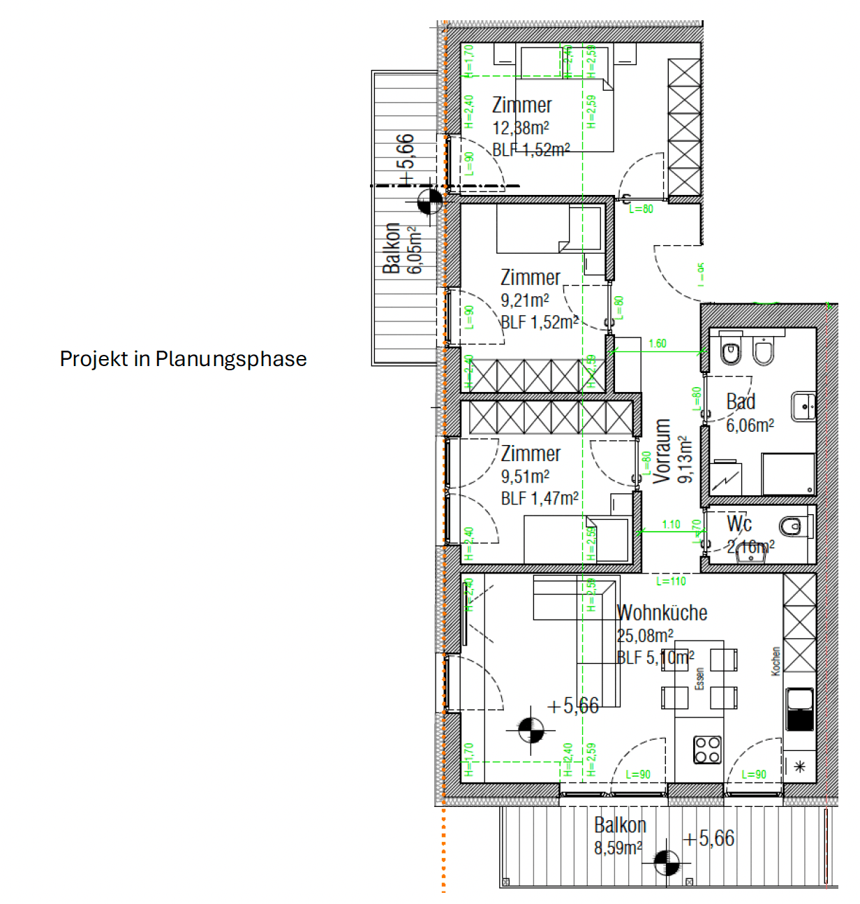 Grundriss einer Wohnung mit Wohnküche, drei Zimmern, Bad, WC und zwei Balkonen.