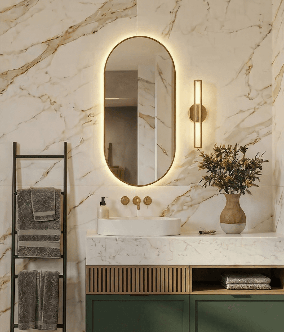 Elegantes Badezimmer mit Marmorwaschtisch, ovalem Spiegel und stilvoller Beleuchtung.