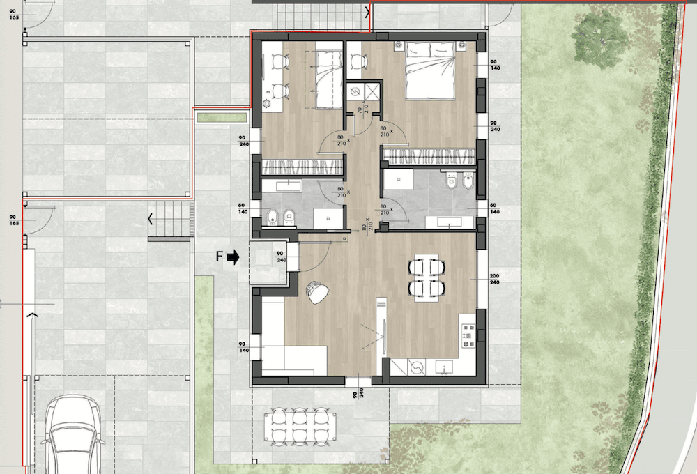 Grundriss der Wohneinheit mit zwei Schlafzimmern, offenem Wohnbereich und Terrasse.