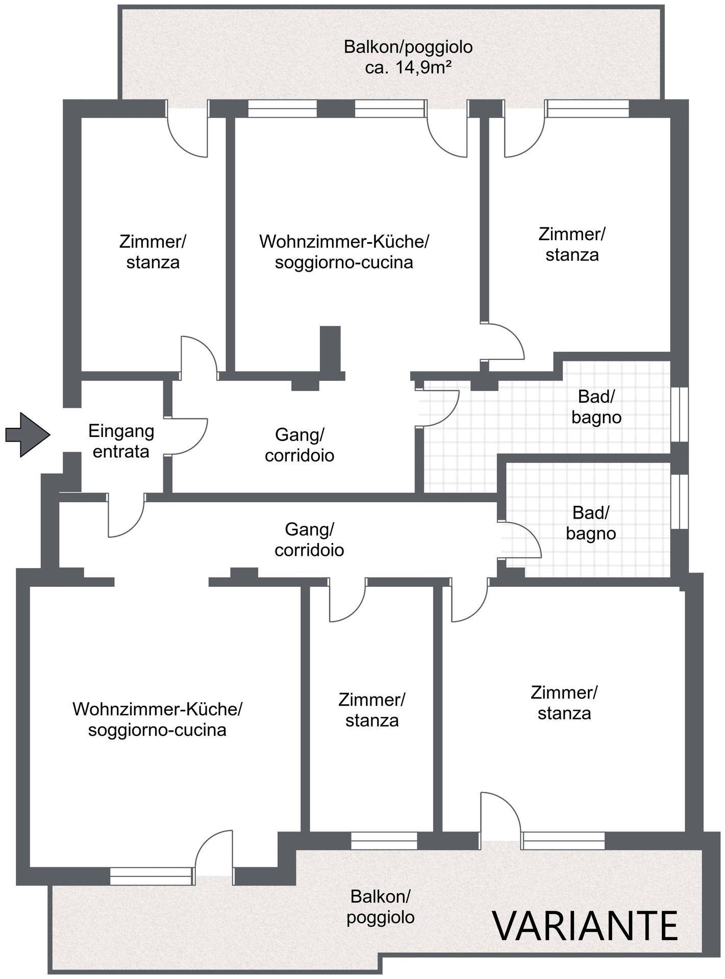Varianten-Grundriss mit offener Wohnküche, zwei Bädern und zwei großen Balkonen.
