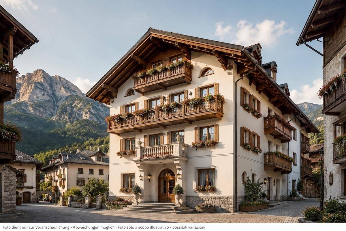 Traditionelles Alpenhaus mit vielen Balkonen und Blumenkästen in einer malerischen Berglandschaft.