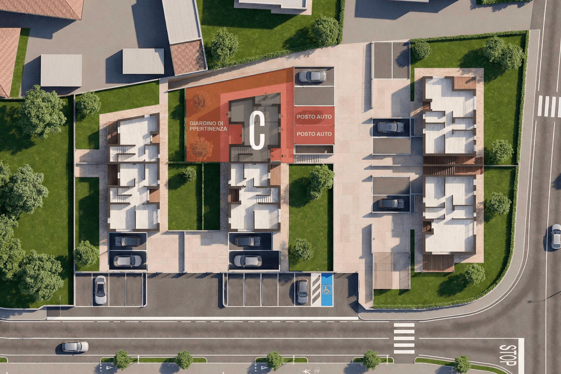 Übersichtlicher Lageplan einer Wohnanlage mit mehreren Gebäuden, Gärten und Parkplätzen.