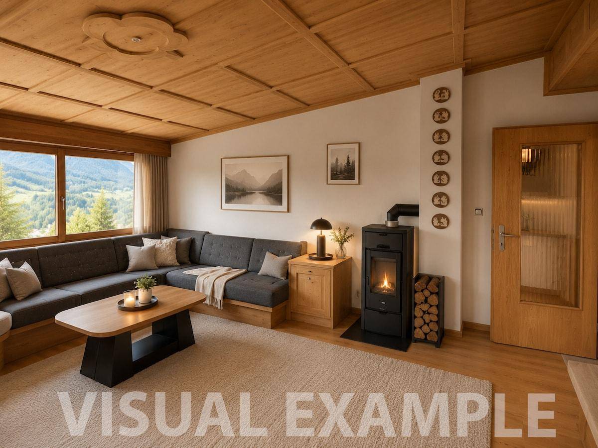 Gemütliches Wohnzimmer mit Kaminofen, Holzbalkendecke und weitem Blick auf die umliegende Berglandschaft.