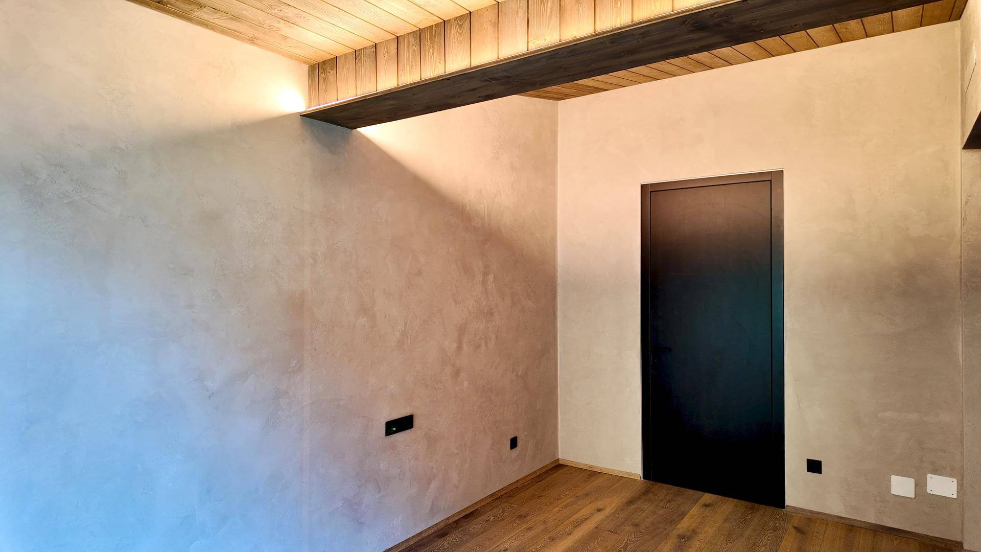 Innenraum mit Holzboden, heller Wandgestaltung und einer modernen schwarzen Tür.
