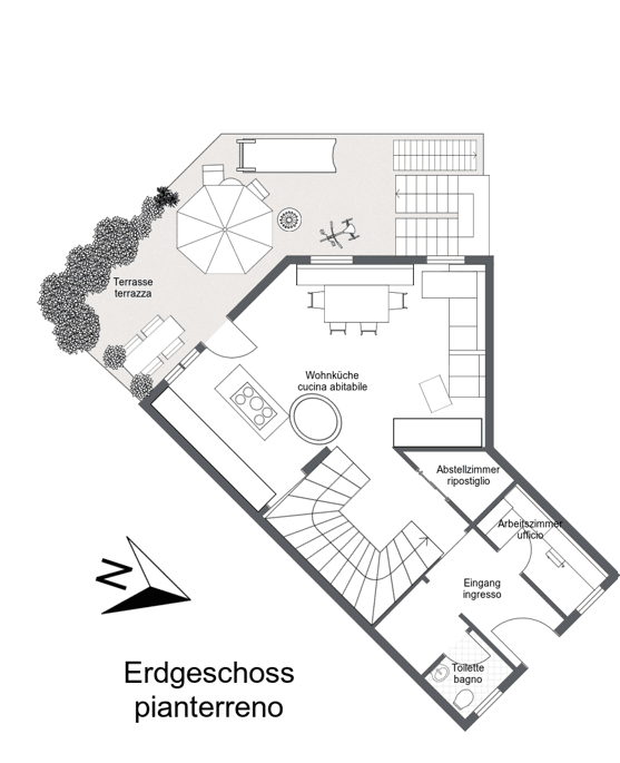Grundriss des Erdgeschosses mit Wohnküche, Terrasse, Abstellraum und Gäste-WC.