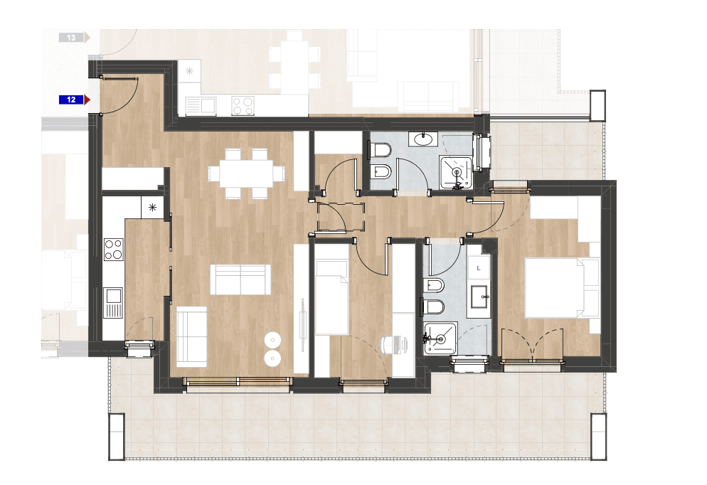 Grundriss einer Wohnung mit zwei Bädern, offenem Wohnbereich und Balkonen.