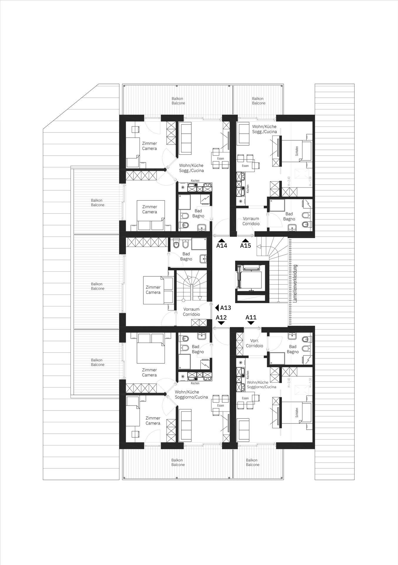 Grundriss einer Etage mit mehreren Wohnungen, Balkonen und zentralem Treppenhaus mit Lift.