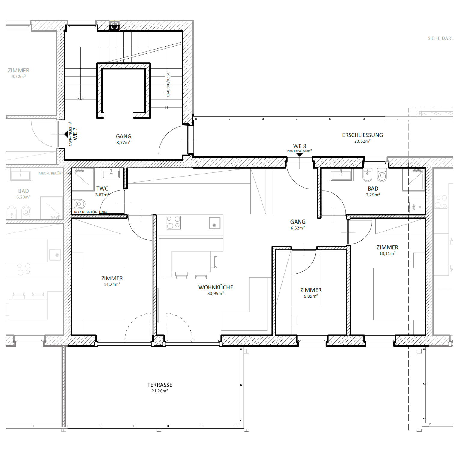Detaillierter Grundriss einer Wohnung mit Wohnküche, mehreren Zimmern, Bädern und einer großen Terrasse.
