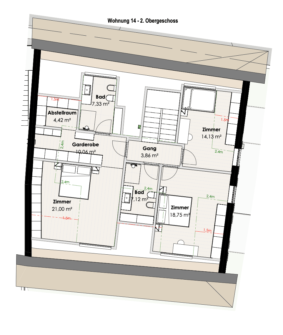 Grundriss des 2. Obergeschosses mit drei Zimmern, zwei Bädern und Garderobe.