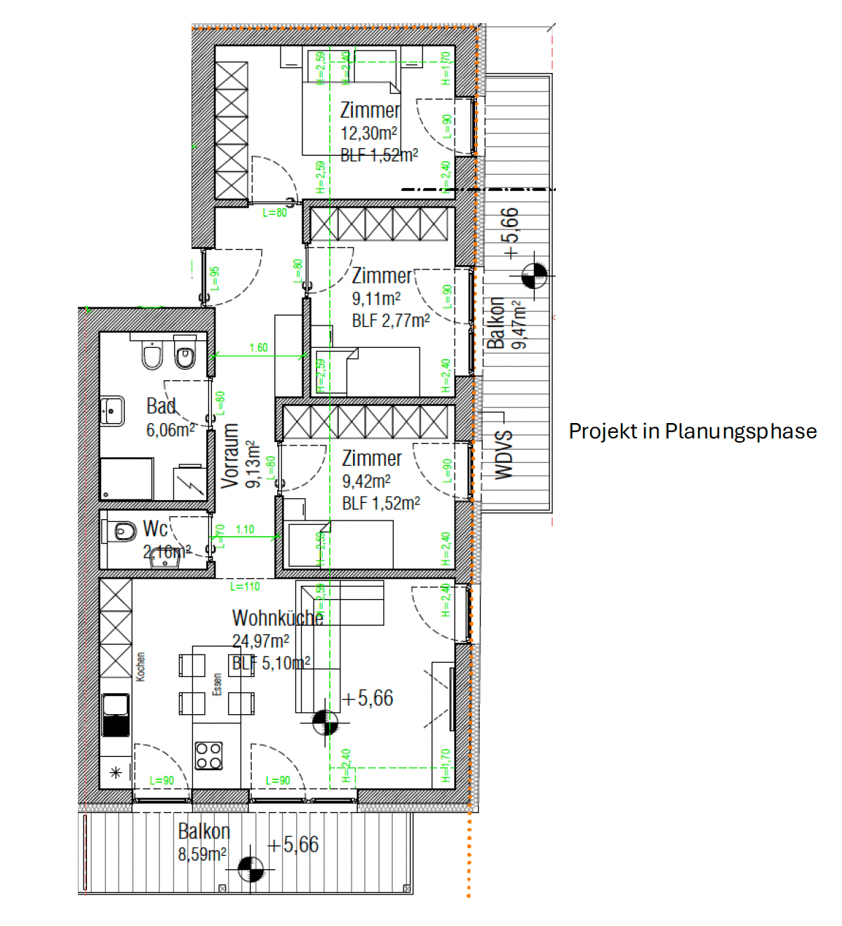 Grundriss einer Wohnung mit drei Zimmern, Wohnküche, Bad und zwei Balkonen.