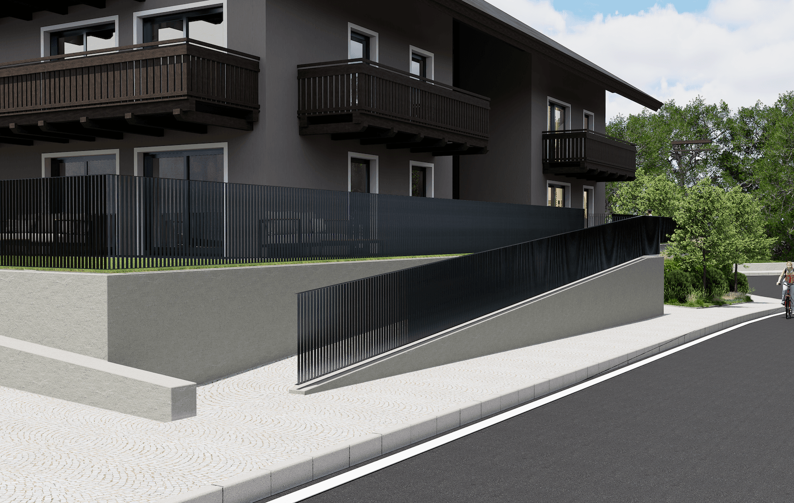 Visualisierung der Tiefgaragenzufahrt mit moderner Zaunanlage und seitlicher Bepflanzung.