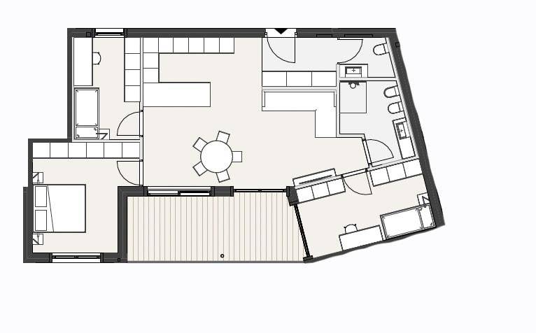 Detaillierter Grundriss mit offenem Wohnbereich, Schlafzimmer und großem Balkon.