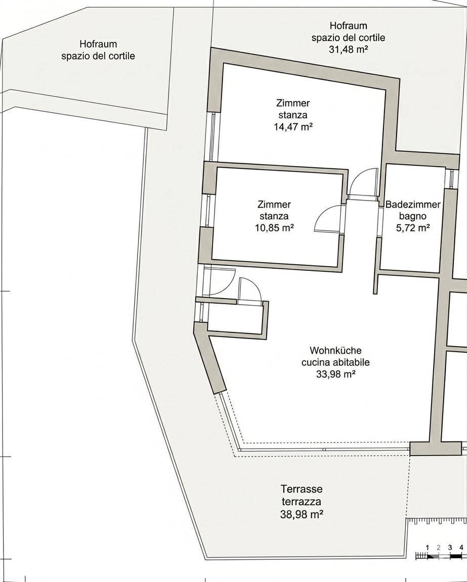 Detaillierter Grundriss mit Wohnküche, zwei Zimmern, Badezimmer und großer Terrasse.