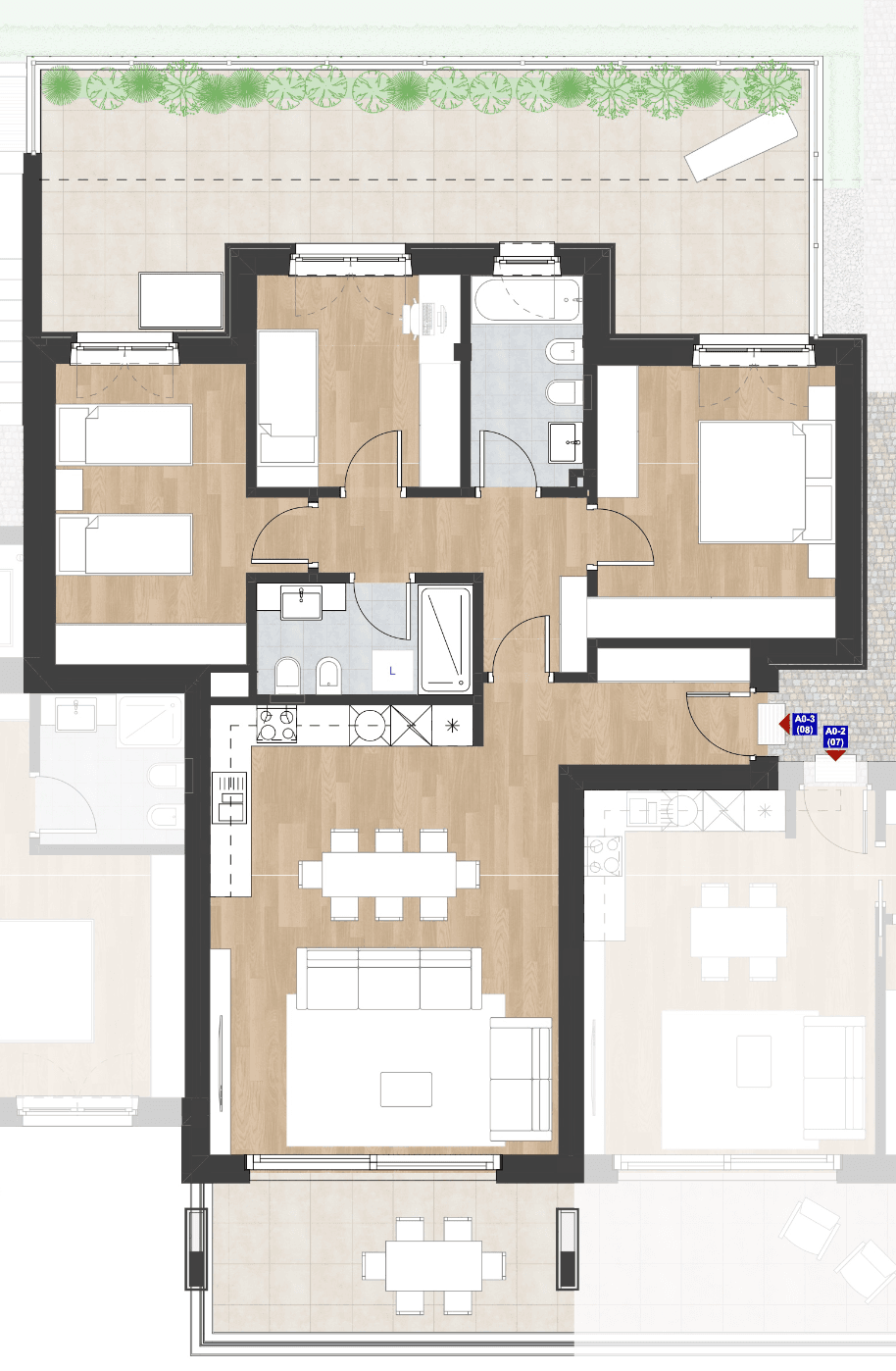 Detaillierter Grundriss einer Wohnung mit zwei Schlafzimmern, zwei Bädern und großer Terrasse.