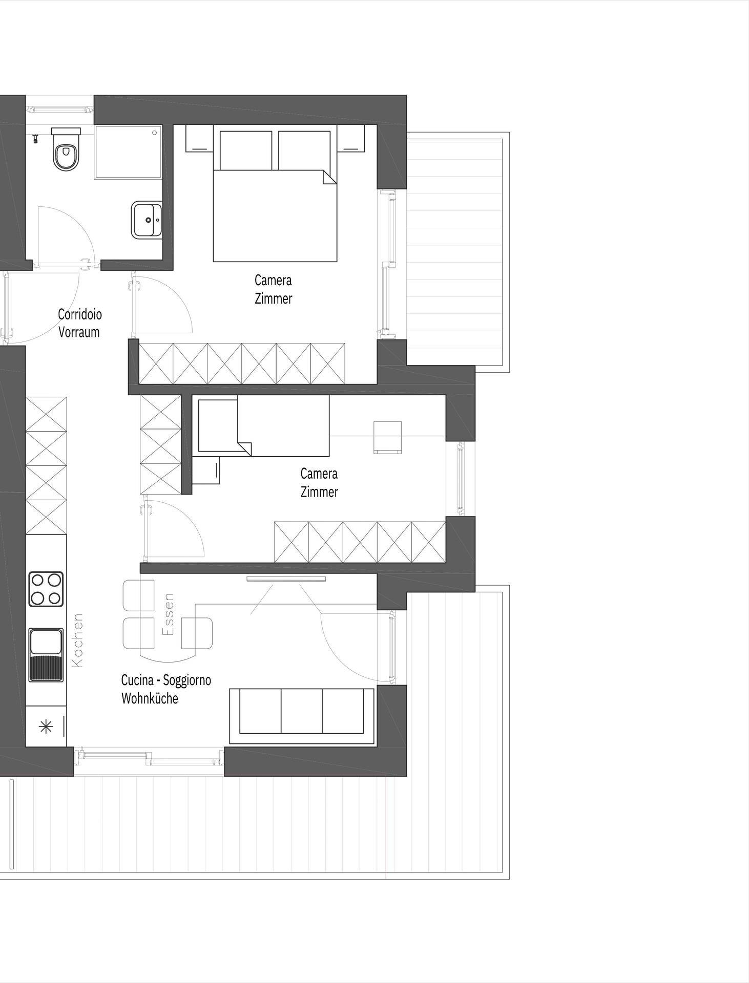 Grundriss einer Wohnung mit zwei Schlafzimmern, offener Wohnküche und Balkonzugang.
