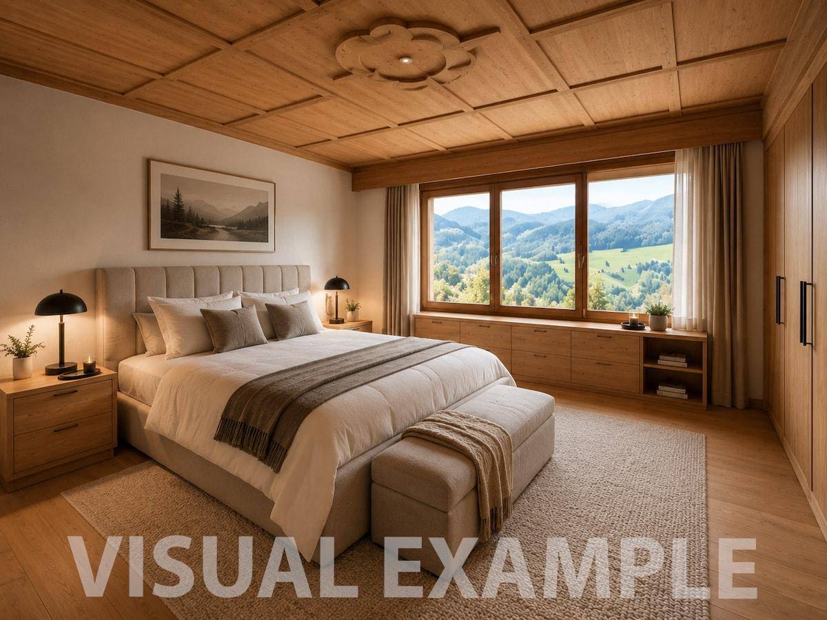 Komfortables Schlafzimmer mit Doppelbett, Holzbalkendecke und weitem Blick auf die grüne Berglandschaft.
