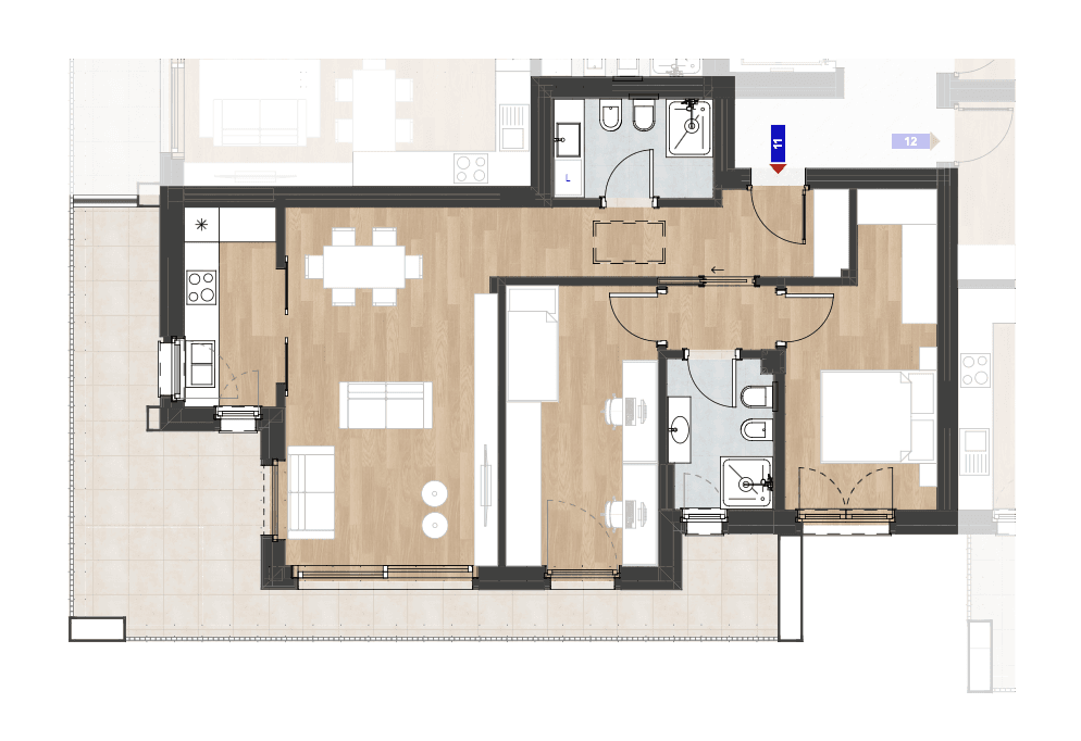 Detaillierter Grundriss einer Wohnung mit offenem Wohnbereich, zwei Bädern und Balkonzugang.
