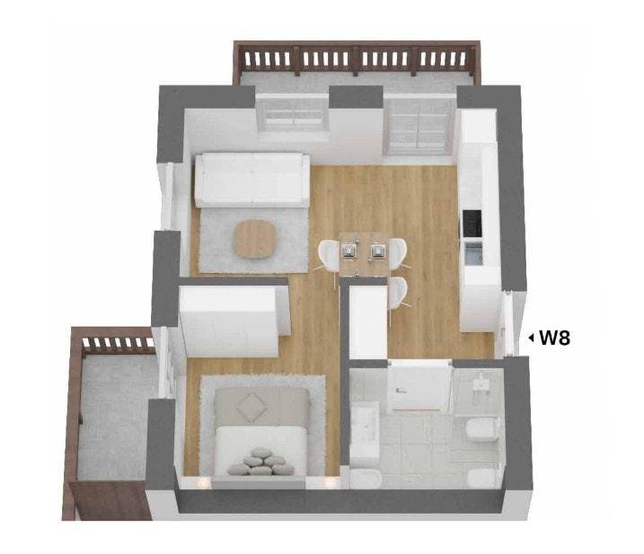 3D-Grundriss einer Wohnung mit offenem Wohnbereich, Schlafzimmer, Bad und zwei Balkonen.