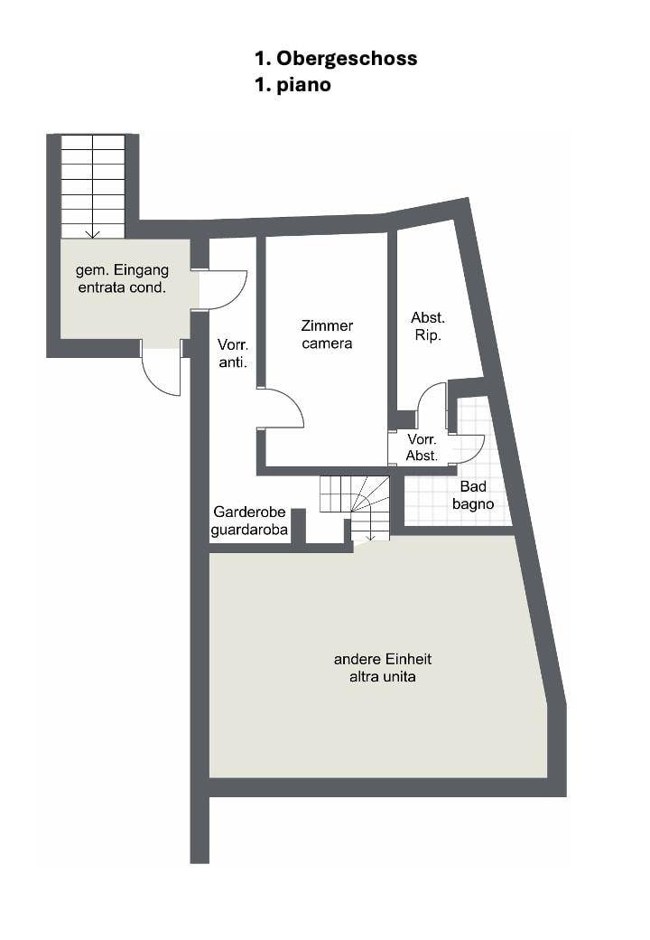 Grundriss des ersten Obergeschosses mit Zimmern, Bad und Garderobe.